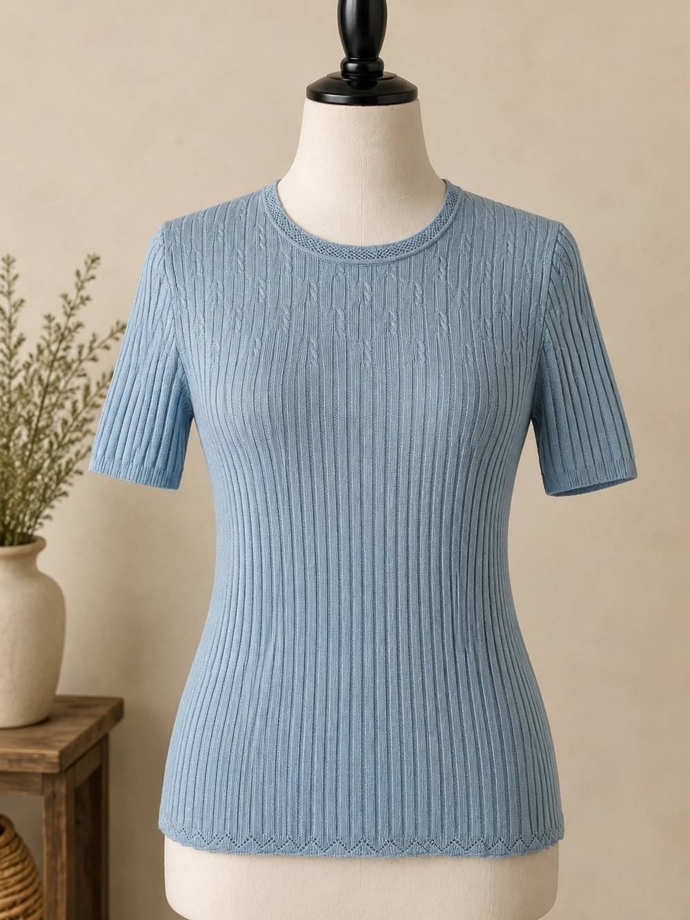 Alfred Dunner Light Blue Cable Knit Short Sleeve Top Quiet Luxury
